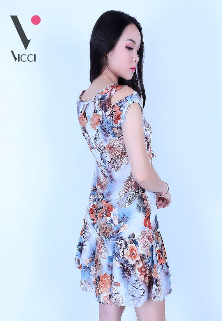 Váy đầm lanh (Tole) xước Vicci hoạ tiết hoa cam nền nâu- TVN004.17