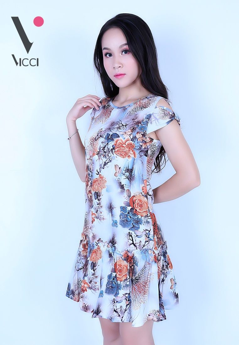 Váy đầm lanh (Tole) xước Vicci hoạ tiết hoa cam nền nâu- TVN004.17