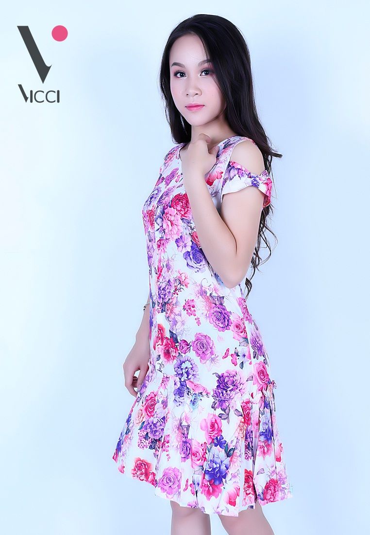 Váy đầm lanh (Tole) xước Vicci hoạ tiết hoa hồng tím nền trắng- TVN004.8