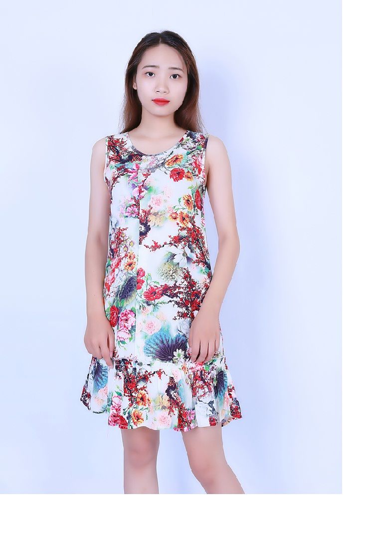 Váy đầm lanh (Tole) xước Vicci hoạ tiết hoa nhiều hoa nền trắng- XC01.6