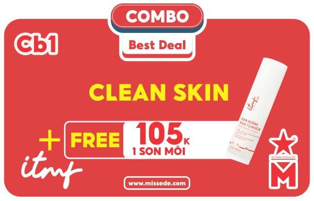 CB1 - ( 3sp ) CLEAN SKIN - itmf Bao gồm 1 tẩy tế bào chết 100ml ,1 gel rửa mặt 100ml, 1 kem dưỡng ẩm 50g (FREE + 1 Lipstick)