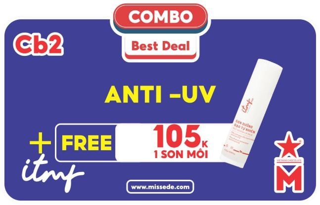 Cb 2 ( 3sp ) ANTI-UV Bao gồm: 1 sữa rửa mặt 100ml , 1 toner 150ml , 1 kem chống nắng IMTF (FREE + 1 Lipstick)