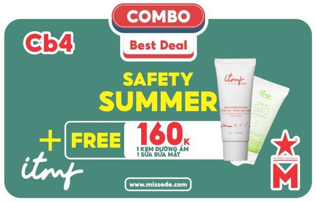 Cb4 ( 5sp ) SAFETY SUMMER - Bao gồm 1 tẩy tế bào chết 100ml ,1 sữa rửa mặt 100ml, 1 kem dưỡng ẩm 50g , 1 toner , 1 son dưỡng (FREE + 1 Kem dưỡng + 1 gel rửa mặt)