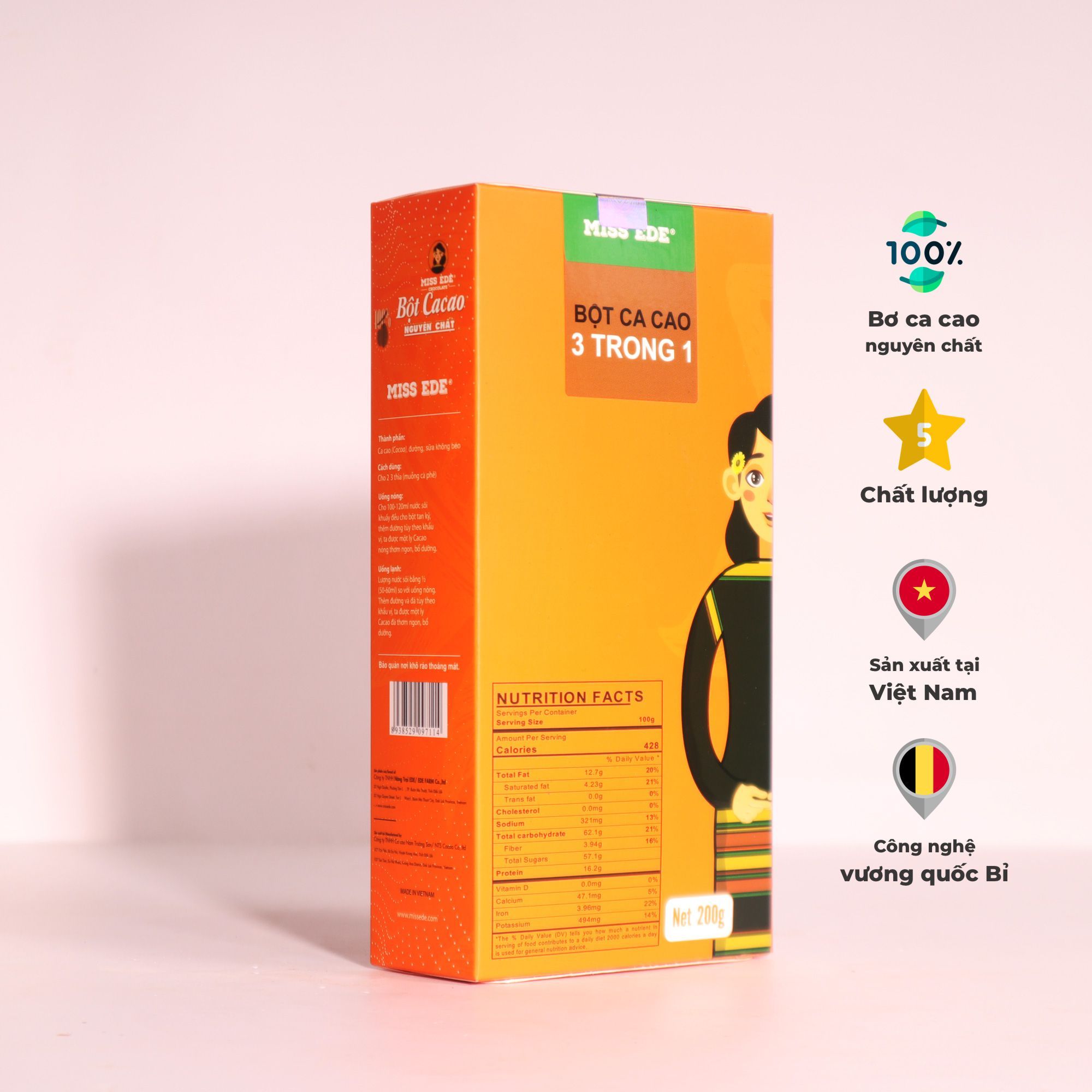 3in1 Cocoa powder MISS EDE (Box 200g)/ Ca cao 3in1 (bột) MISS EDE giữ nguyên bơ ca cao tự nhiên - Hộp 200 g