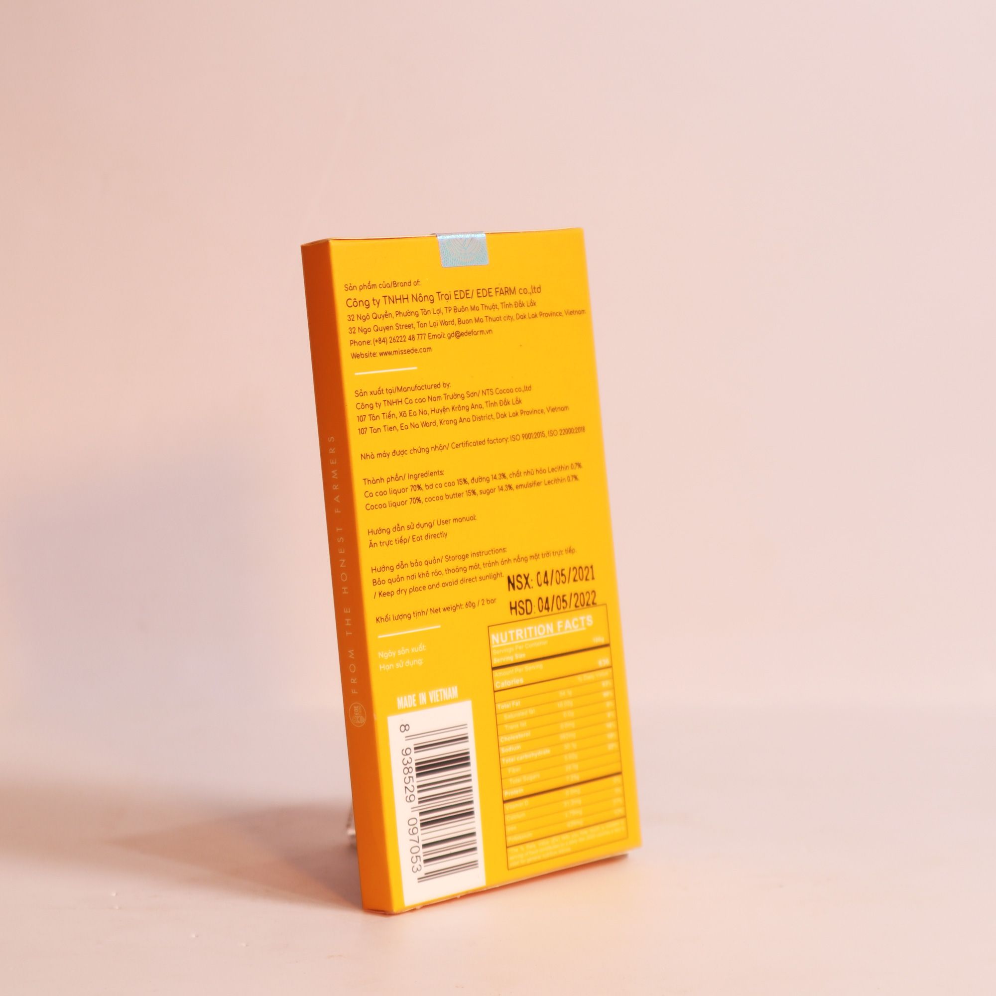 KON TUM Black Chocolate 70% MISS EDE (Box 60g: 2 bars)/ Sô cô la đen Kon Tum 70% MISS EDE - Hộp 60g (2 thanh x 30g)