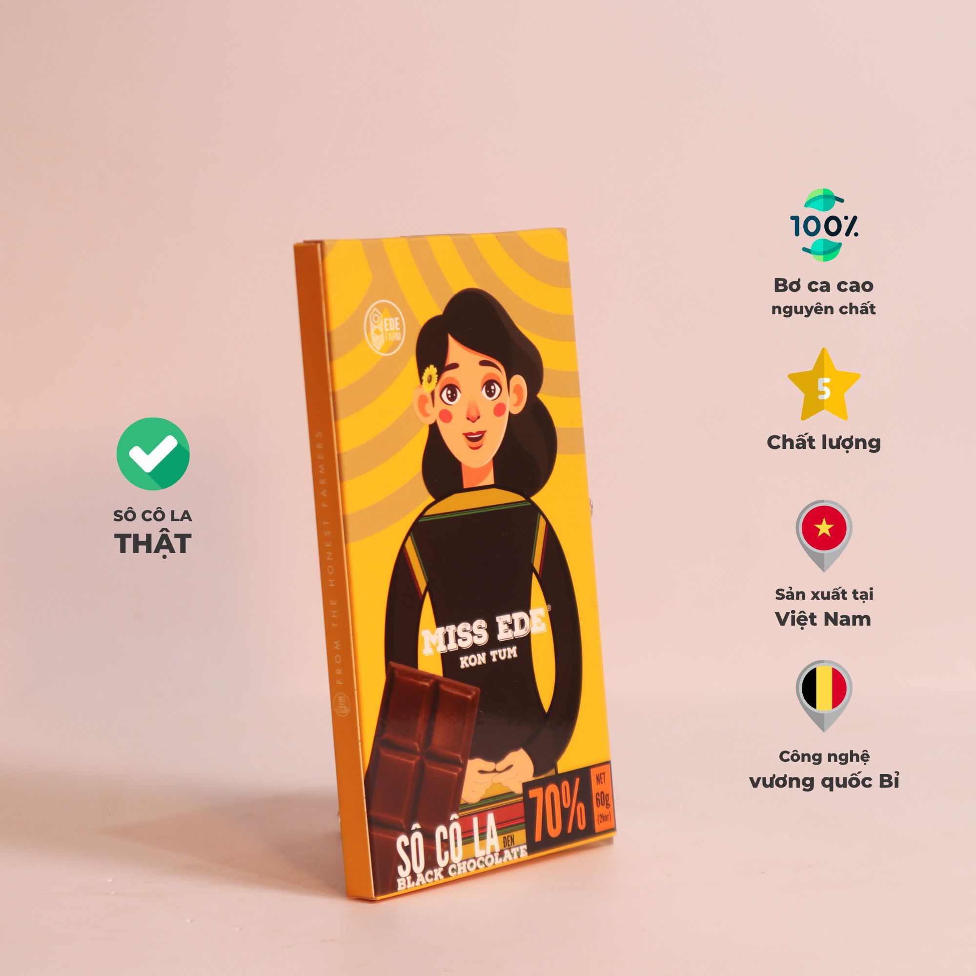 KON TUM Black Chocolate 70% MISS EDE (Box 60g: 2 bars)/ Sô cô la đen Kon Tum 70% MISS EDE - Hộp 60g (2 thanh x 30g)
