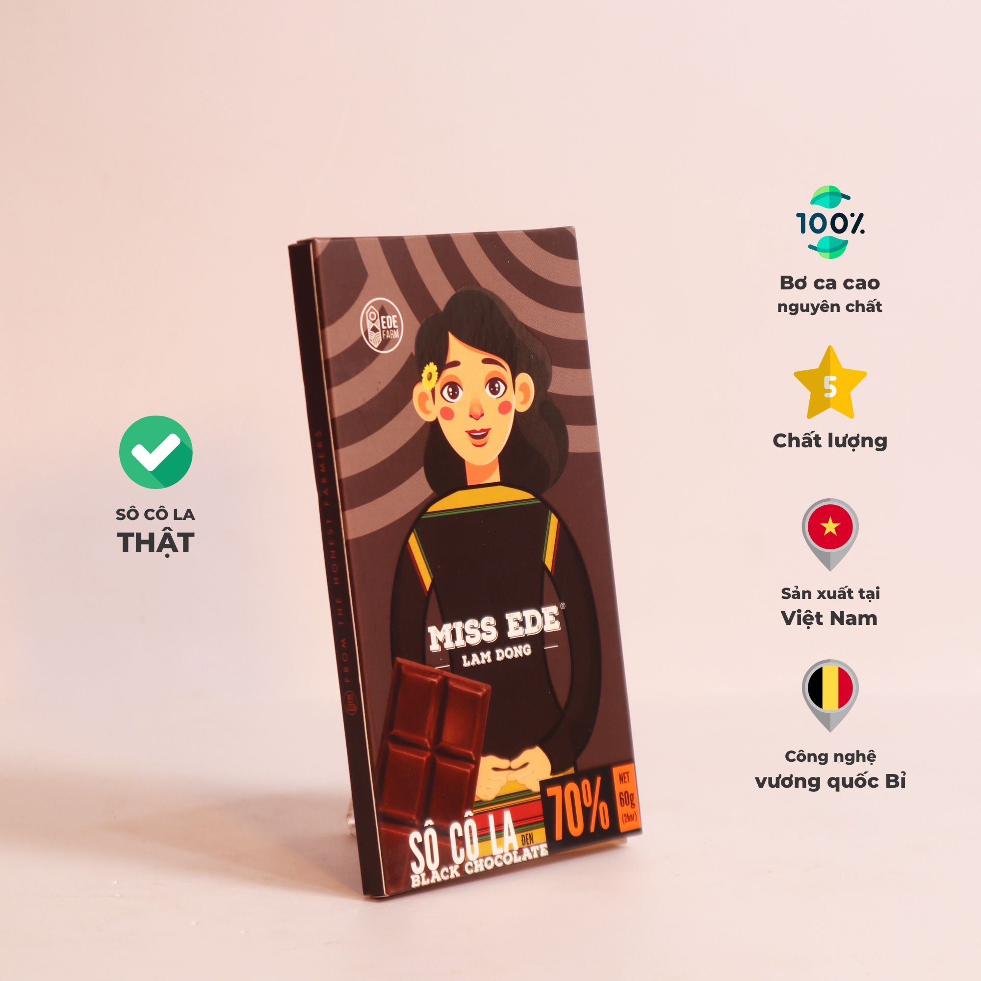 LAM DONG Black Chocolate 70% MISS EDE (Box 60g: 2 bars)/ Sô cô la đen Lâm Đồng 70% MISS EDE - Hộp 60g (2 thanh x 30g)