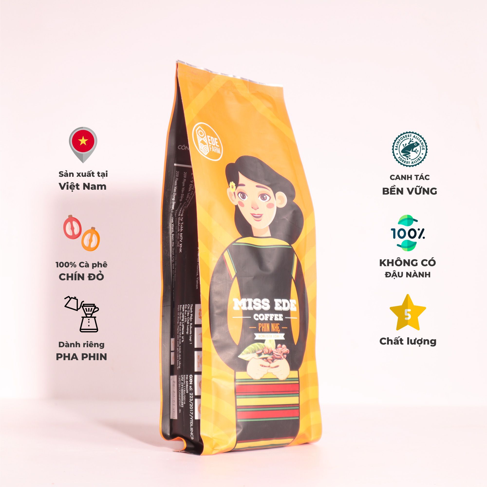 GROUND COFFEE Phin nhẹ 100% Fine Robusta, Medium roasted MISS EDE (Bag 250g)/ Cà phê nguyên chất Phin Nhẹ MISS EDE - Honey Robusta Loại 1 ( Gói 250g) (rang vừa - medium roasdted)
