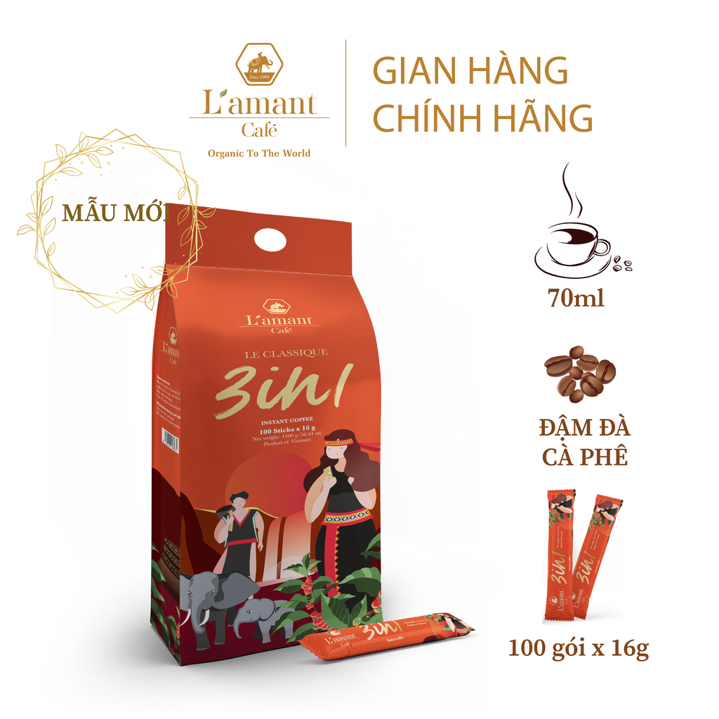 Cà phê hòa tan L'amant 3IN1- L'amant 3in1 Instant Coffee (Túi 1600g - 100 gói)