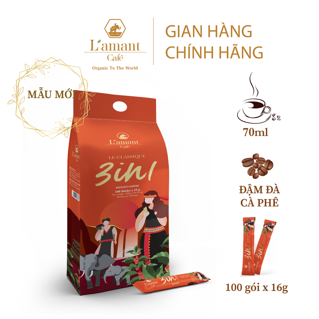  [5.5-7.5 MUA 1 TẶNG 1 HỘP CÀ PHÊ DỪA] Cà phê hòa tan L'amant 3IN1- L'amant 3in1 Instant Coffee (Túi 1600g - 100 gói) 