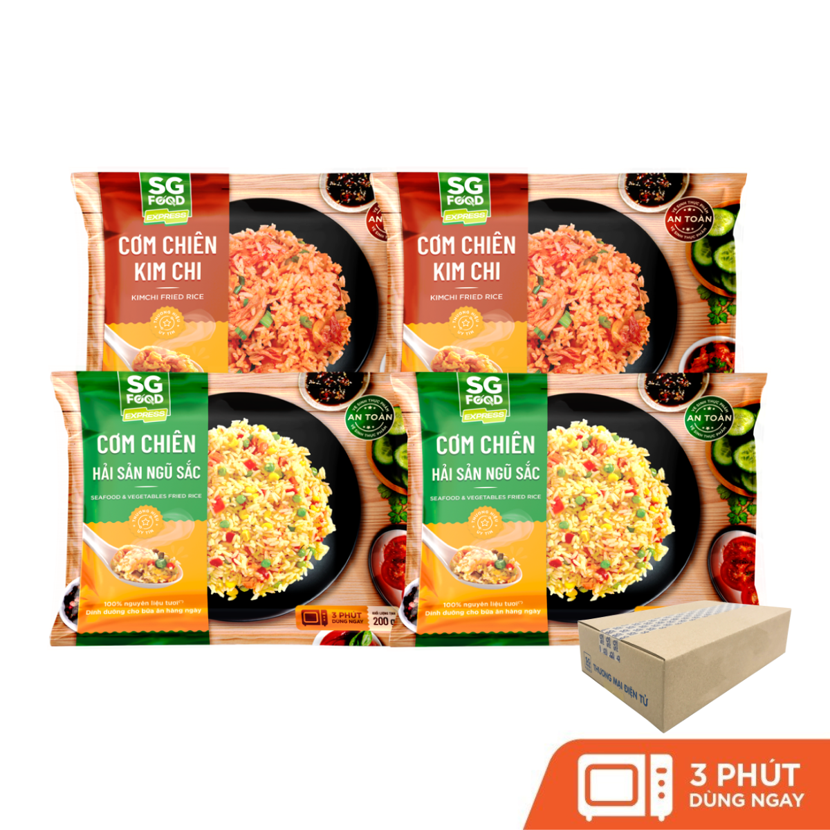 thung 20 goi com chien sg food 200g mix 2 vi hai san ngu sac kim chi