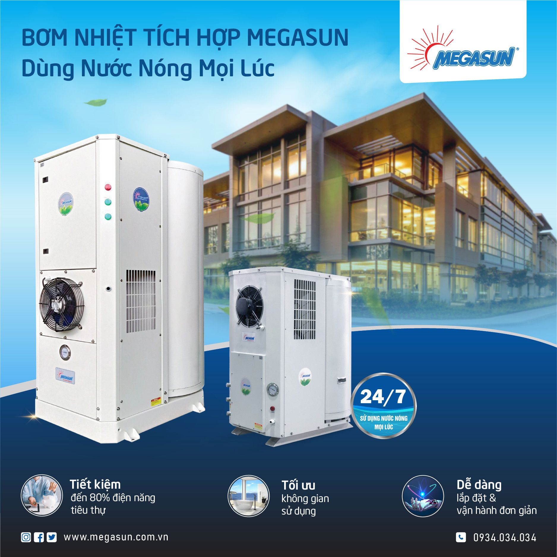 Bơm nhiệt làm nóng nước bình tích hợp 10KW -500 Lít Megasun