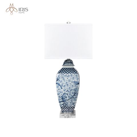 Đèn bàn gốm sứ thân hoạ tiết hoa và chim xanh