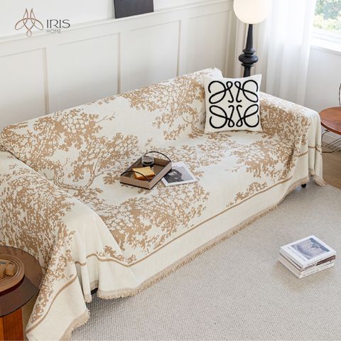 Chăn trải sofa vải chenille hoạ tiết hoa nhí beige trên nền trắng có tua rua