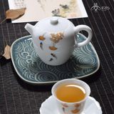 Bộ ấm trà gốm sứ hoạ tiết lá ngân hạnh và cá bơi
