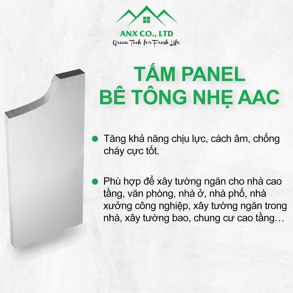 Tấm Tường Sàn Panel Bê Tông Nhẹ AAC Ánh Nhiên Xanh Kích Thước DxR:1200x600x75mm