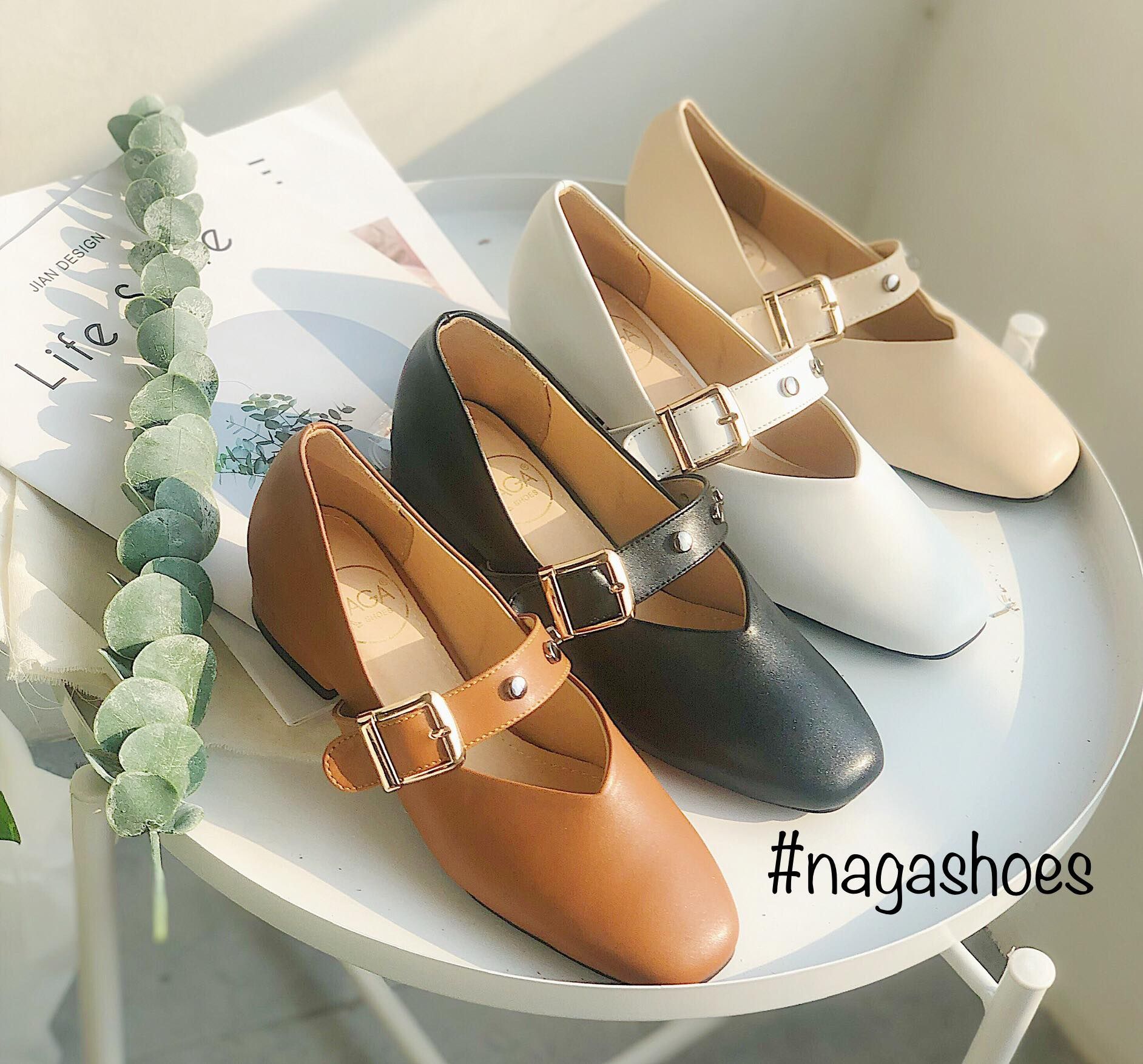 Giày Búp Bê Mũi Vuông Khóa Phối Đinh NAB33