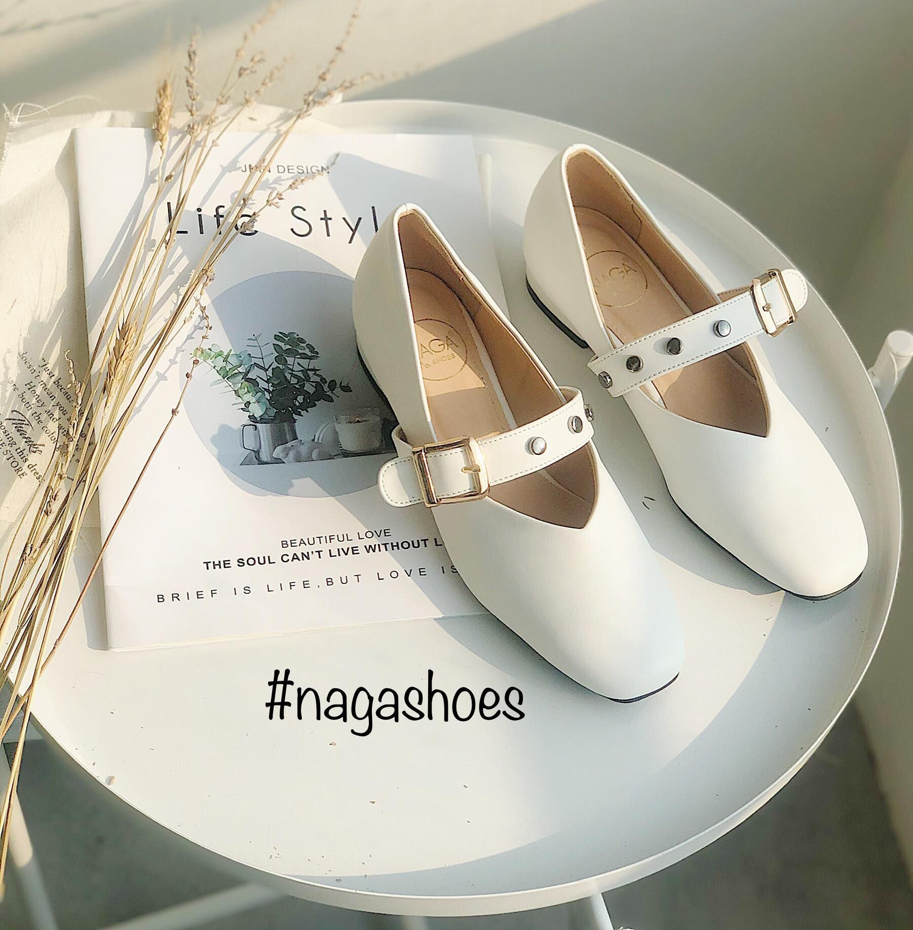 Giày Búp Bê Mũi Vuông Khóa Phối Đinh NAB33