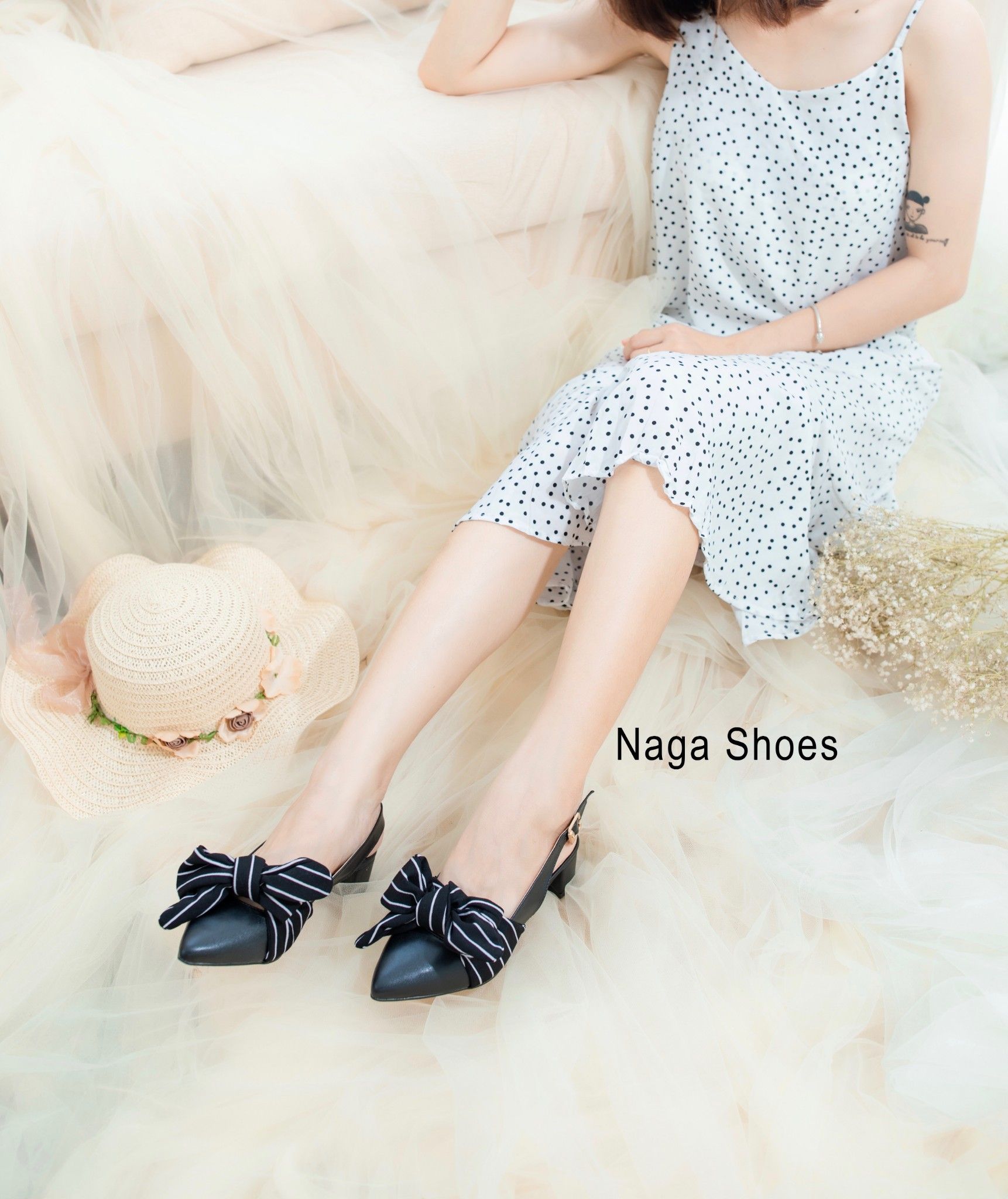 Giày Cao Gót Nơ Vải Sọc Lớn 3P NAC101