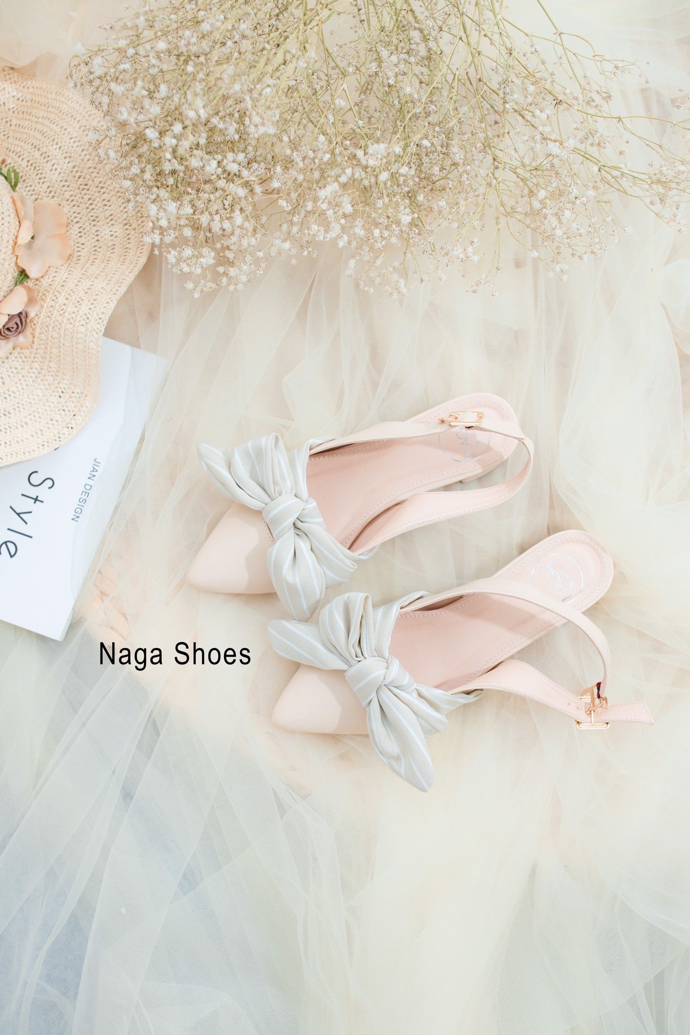 Giày Cao Gót Nơ Vải Sọc Lớn 3P NAC101
