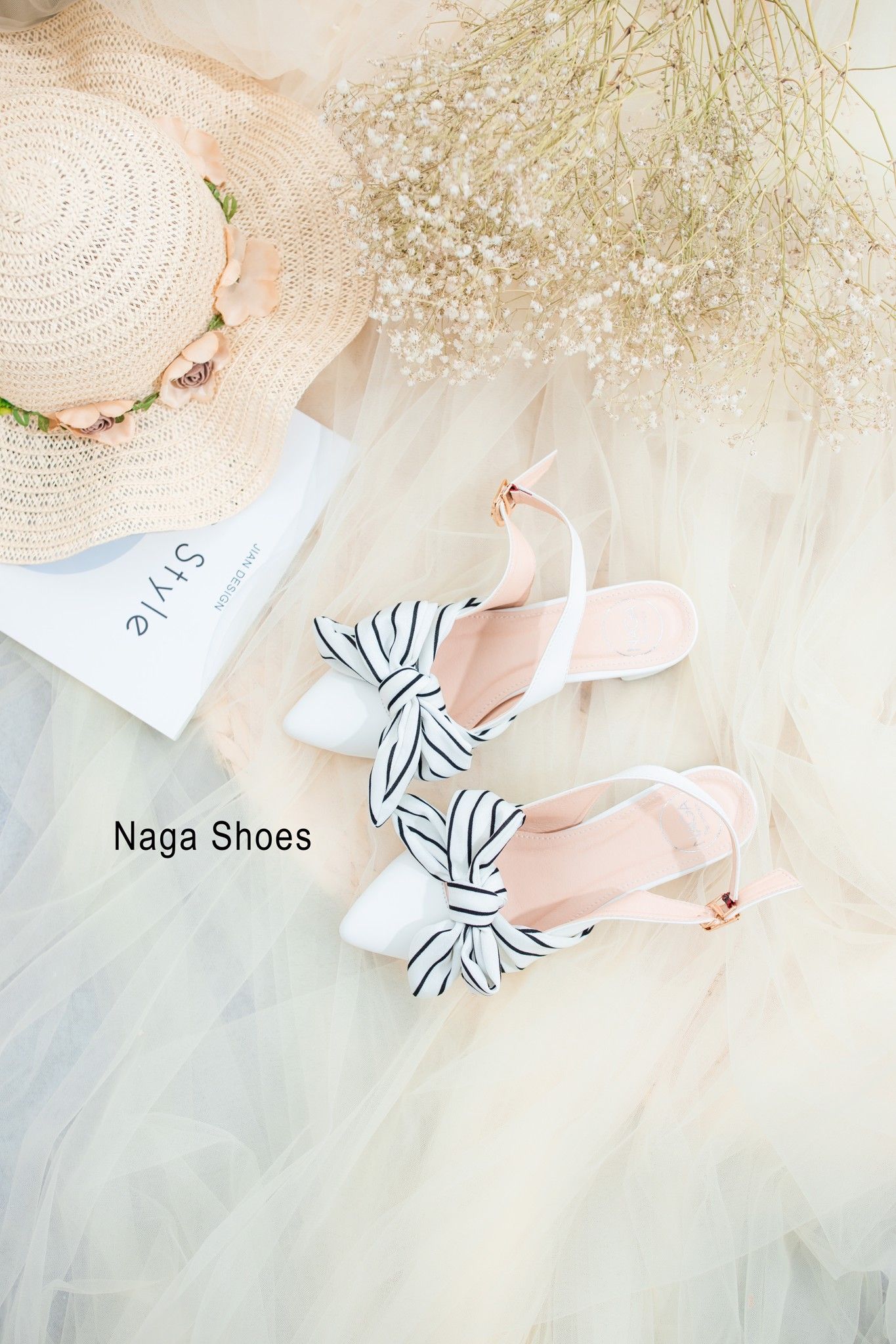 Giày Cao Gót Nơ Vải Sọc Lớn 3P NAC101