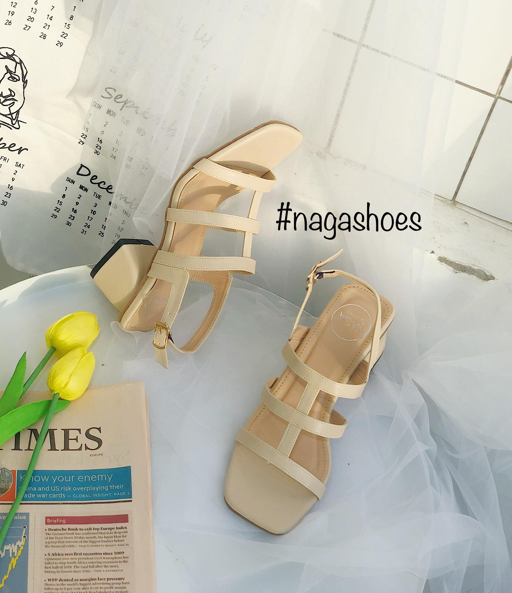 Giày Cao Gót Nagashoes Mũi Vuông 3 Quai Sọc Giữa 5P NAC107