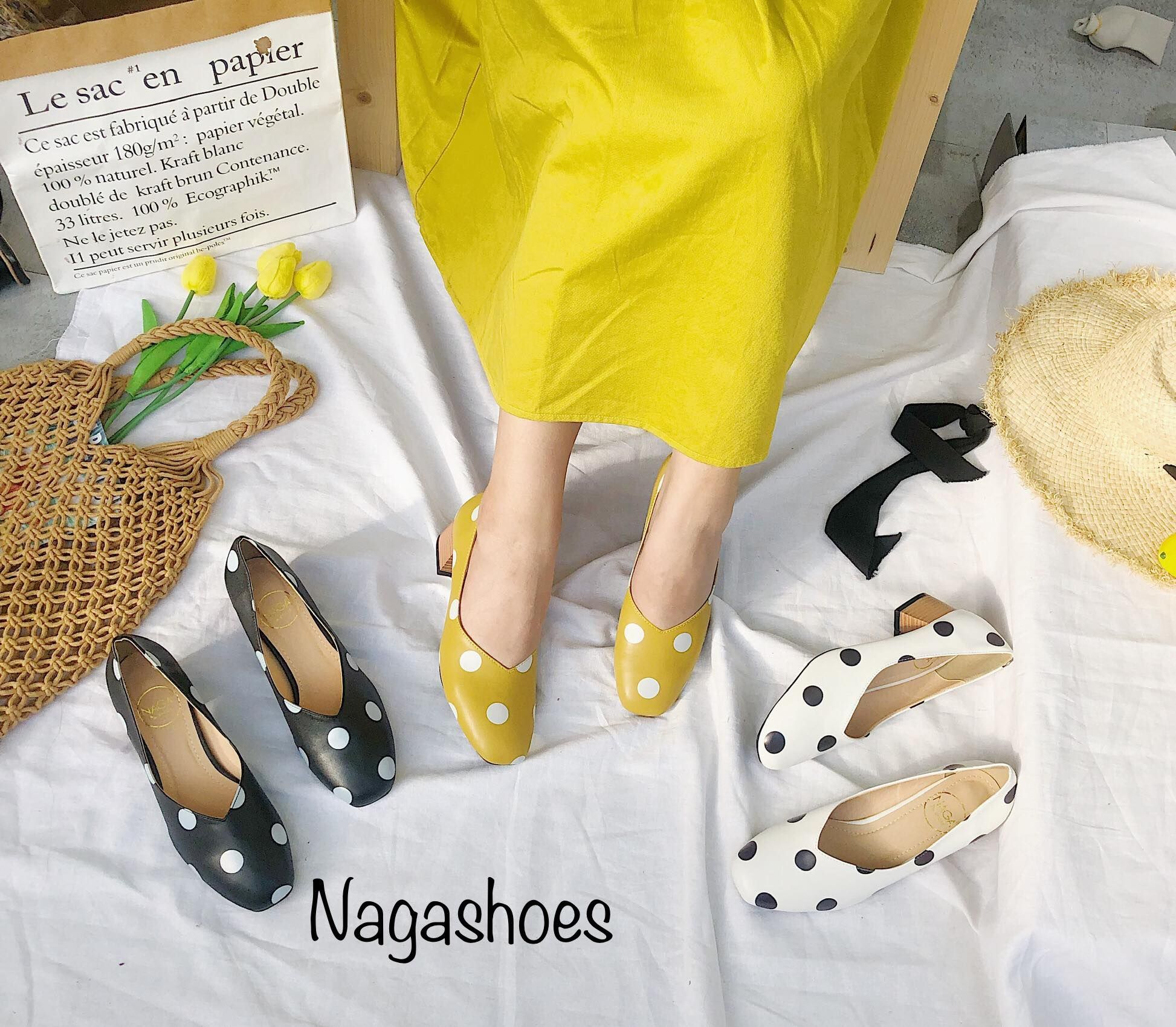 Giày Cao Gót Mũi Vuông Chấm Bi Đế Gỗ 3P NAC114