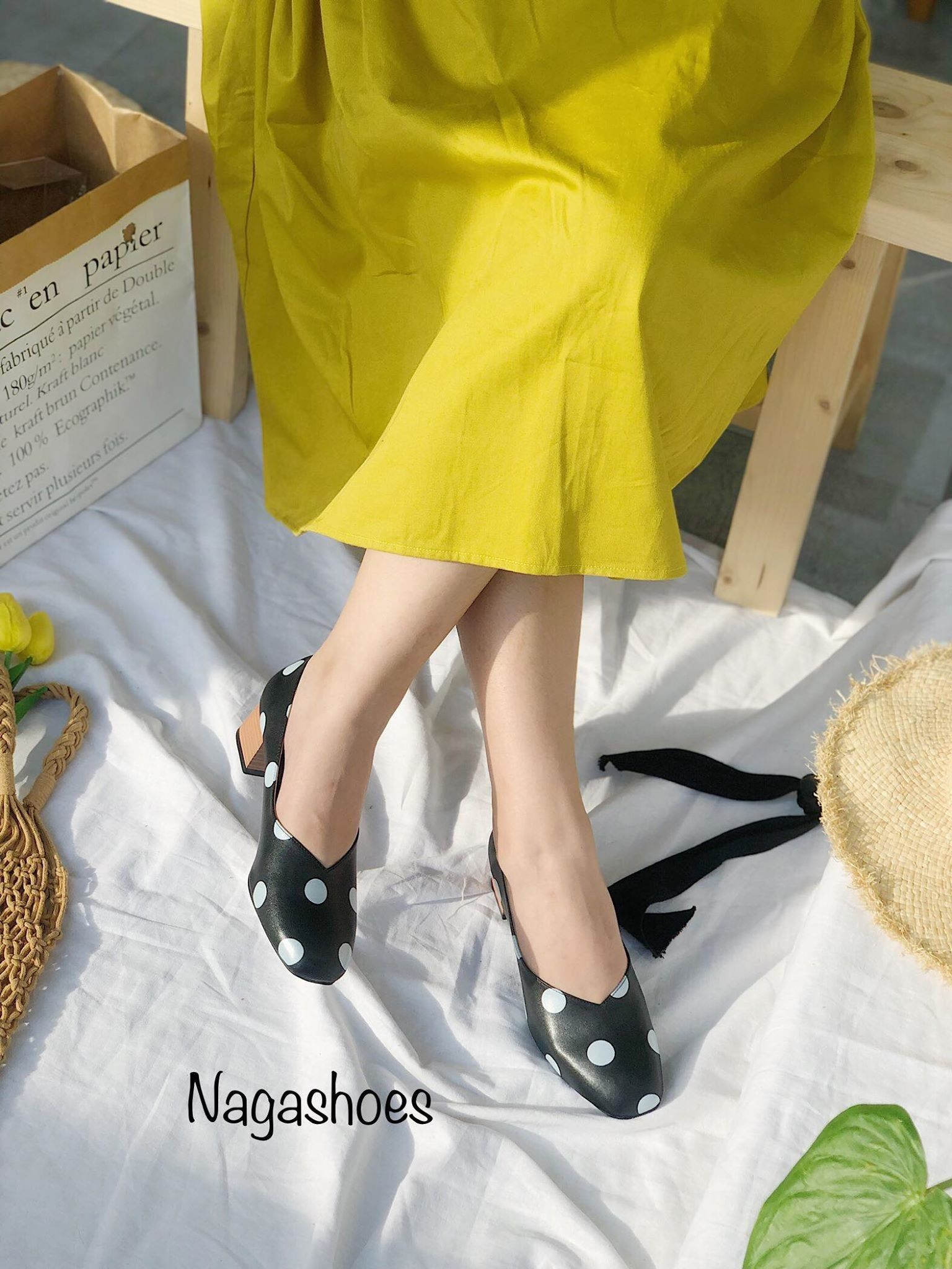 Giày Cao Gót Mũi Vuông Chấm Bi Đế Gỗ 3P NAC114