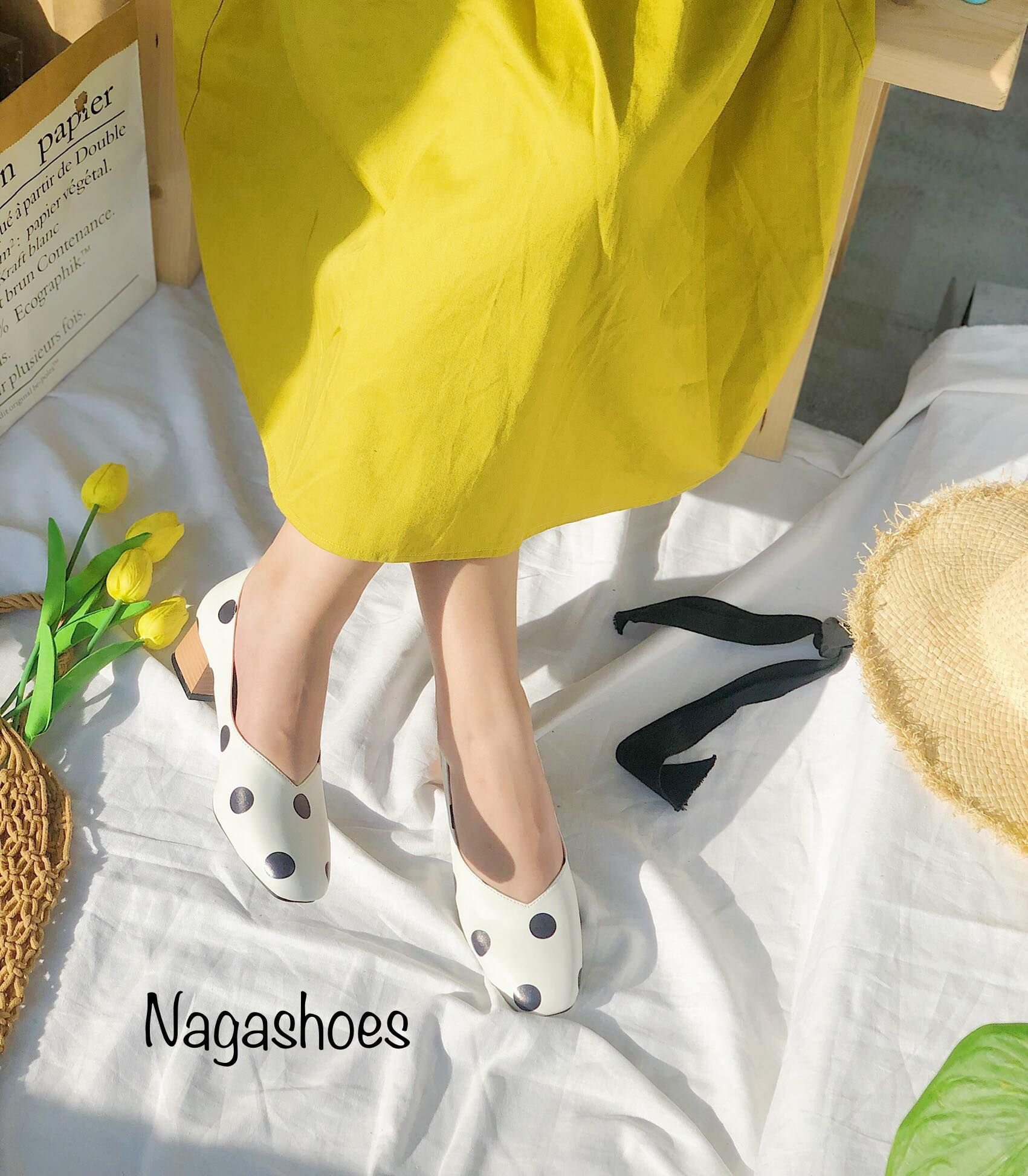 Giày Cao Gót Mũi Vuông Chấm Bi Đế Gỗ 3P NAC114