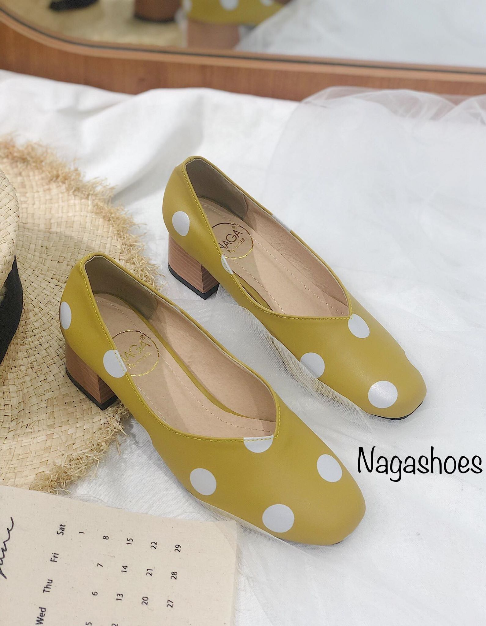 Giày Cao Gót Mũi Vuông Chấm Bi Đế Gỗ 3P NAC114