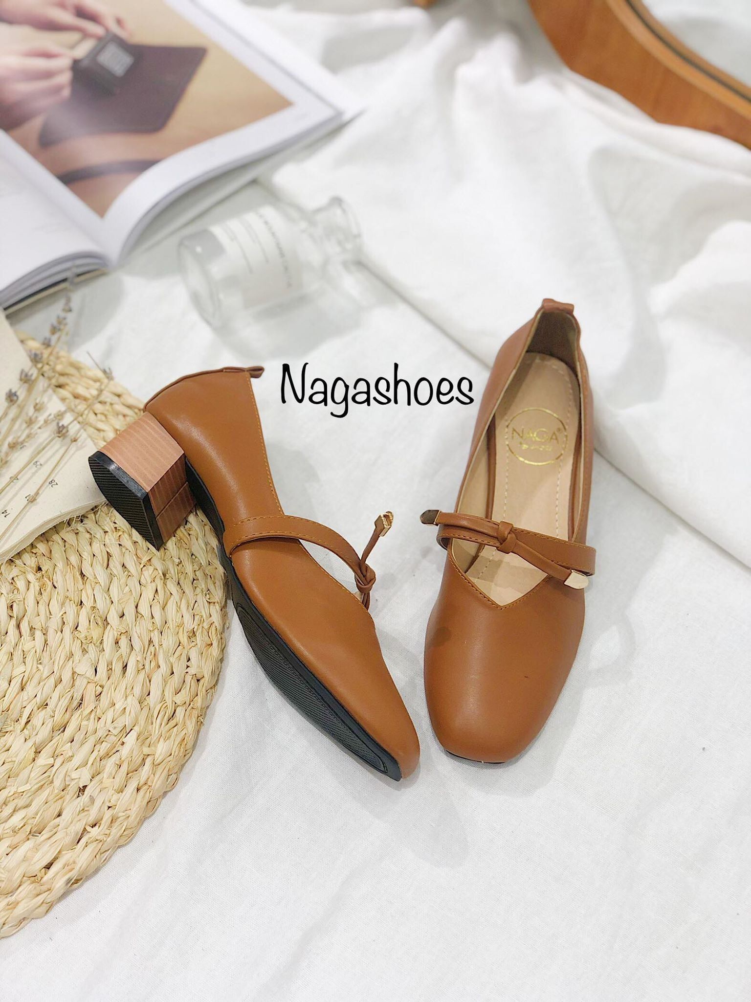Cao Gót Mũi Vuông Thắt Nơ Đế Gỗ NAC115