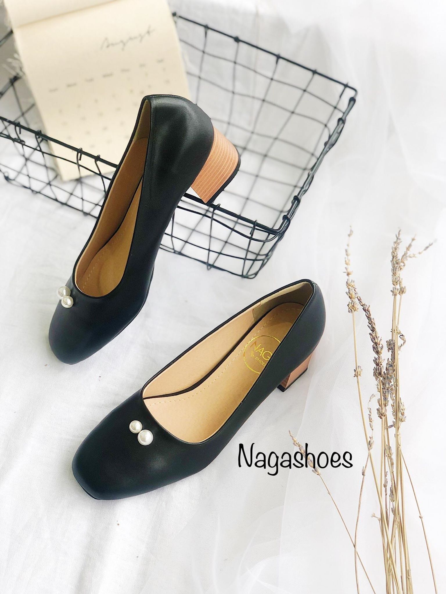 Cao Gót Mũi Vuông Đính 2 Ngọc Trai NAC123