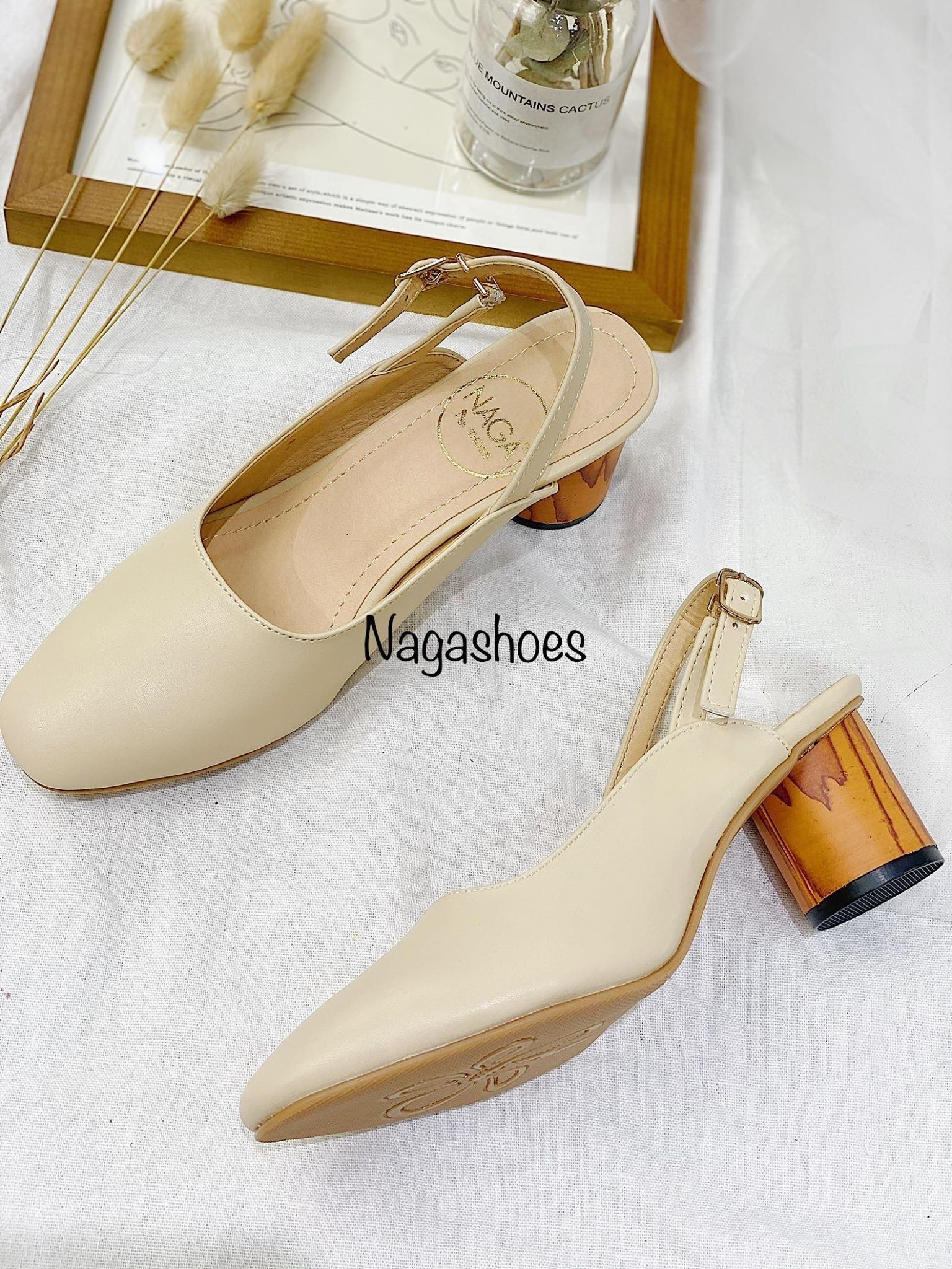 Cao Gót Mũi Vuông Phối Gót Gỗ 5P Họa Tiết Nac144