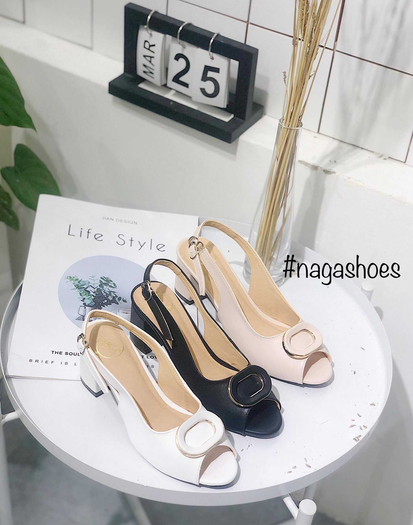Giày Cao Gót Hở Mũi Khóa Tròn 5P NAC97