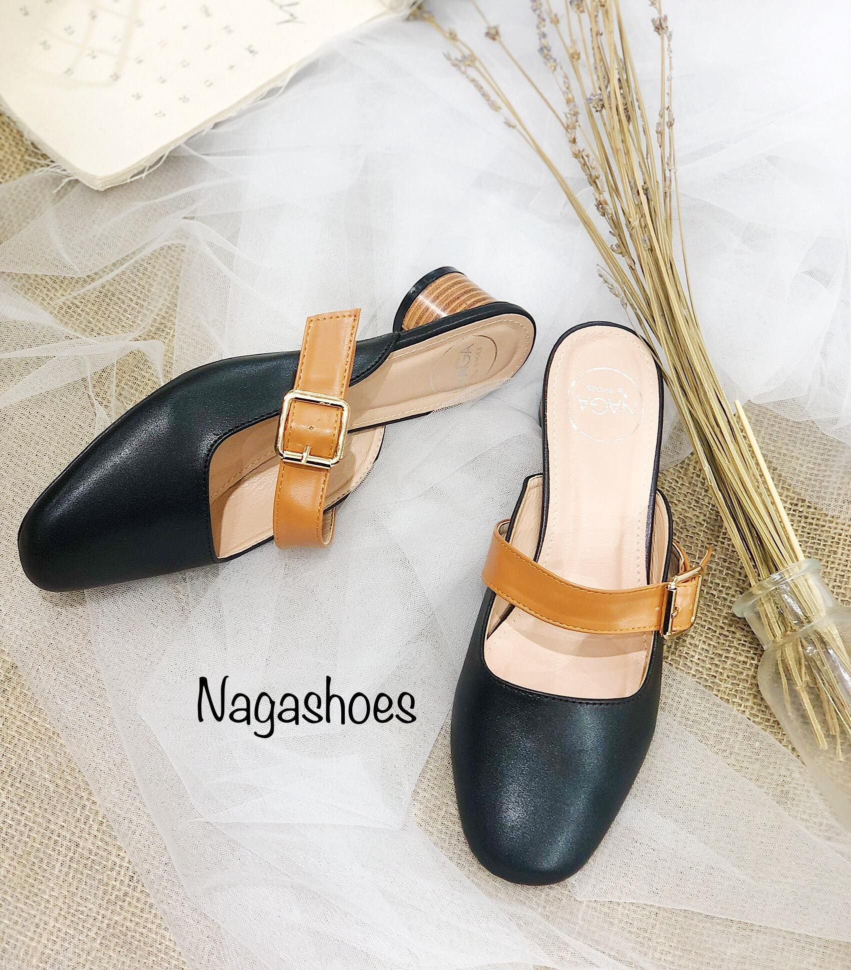 Dép Mũi Vuông Khóa Nhỏ Gót Gỗ NAD80