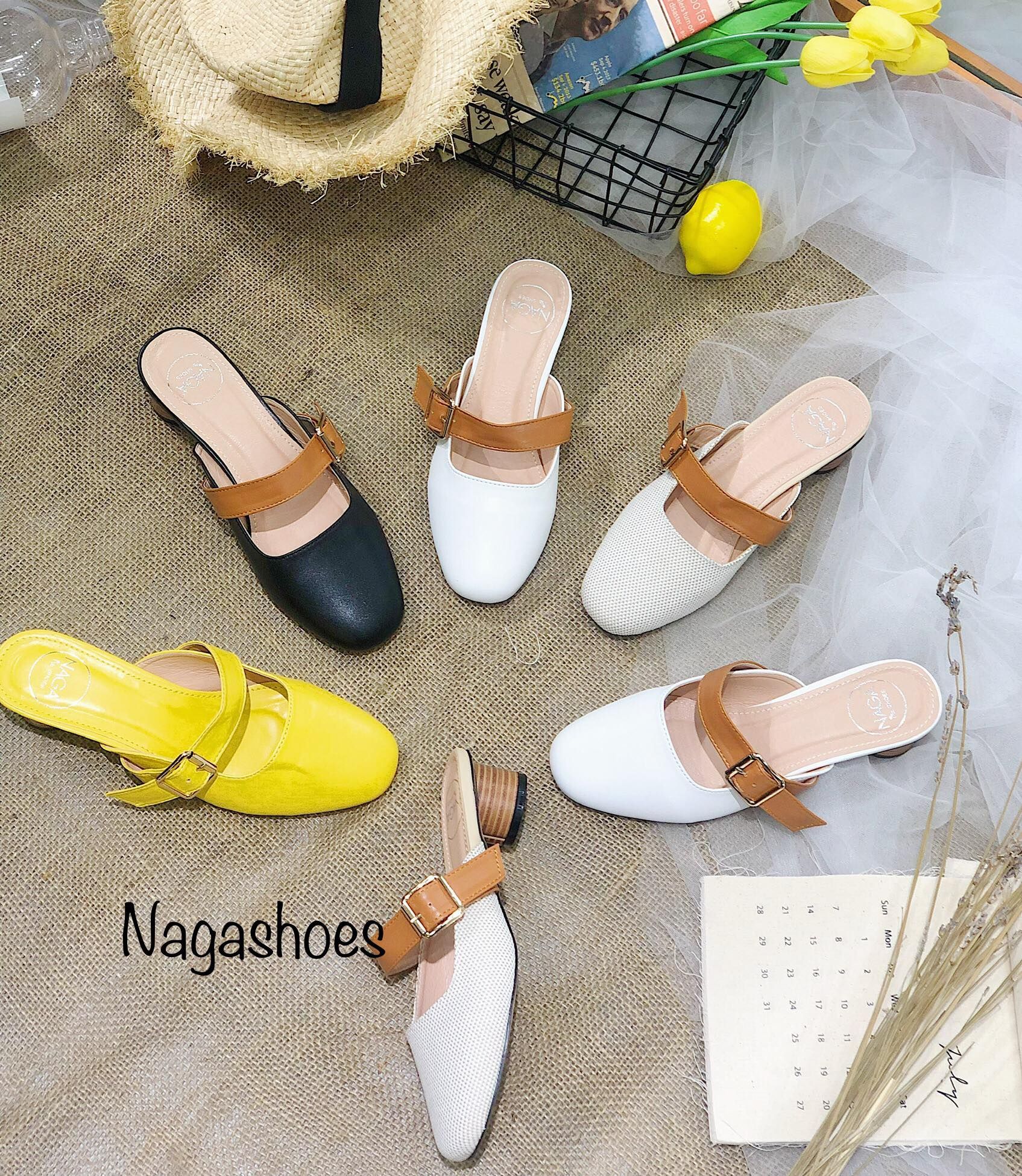 Dép Mũi Vuông Khóa Nhỏ Gót Gỗ NAD80