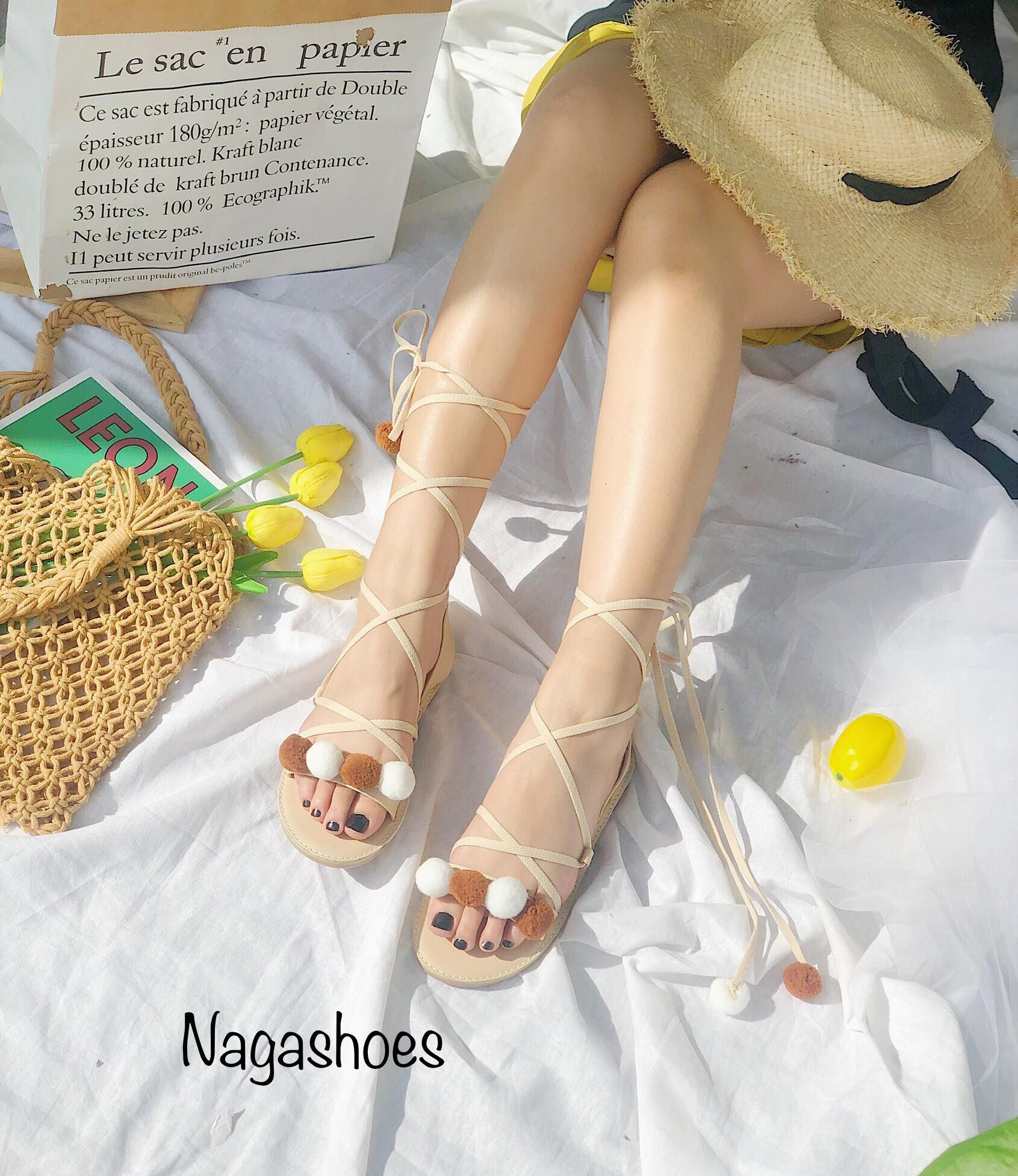 Giày Sandal Cột Dây Quai Ngang Đính Bông NAS154