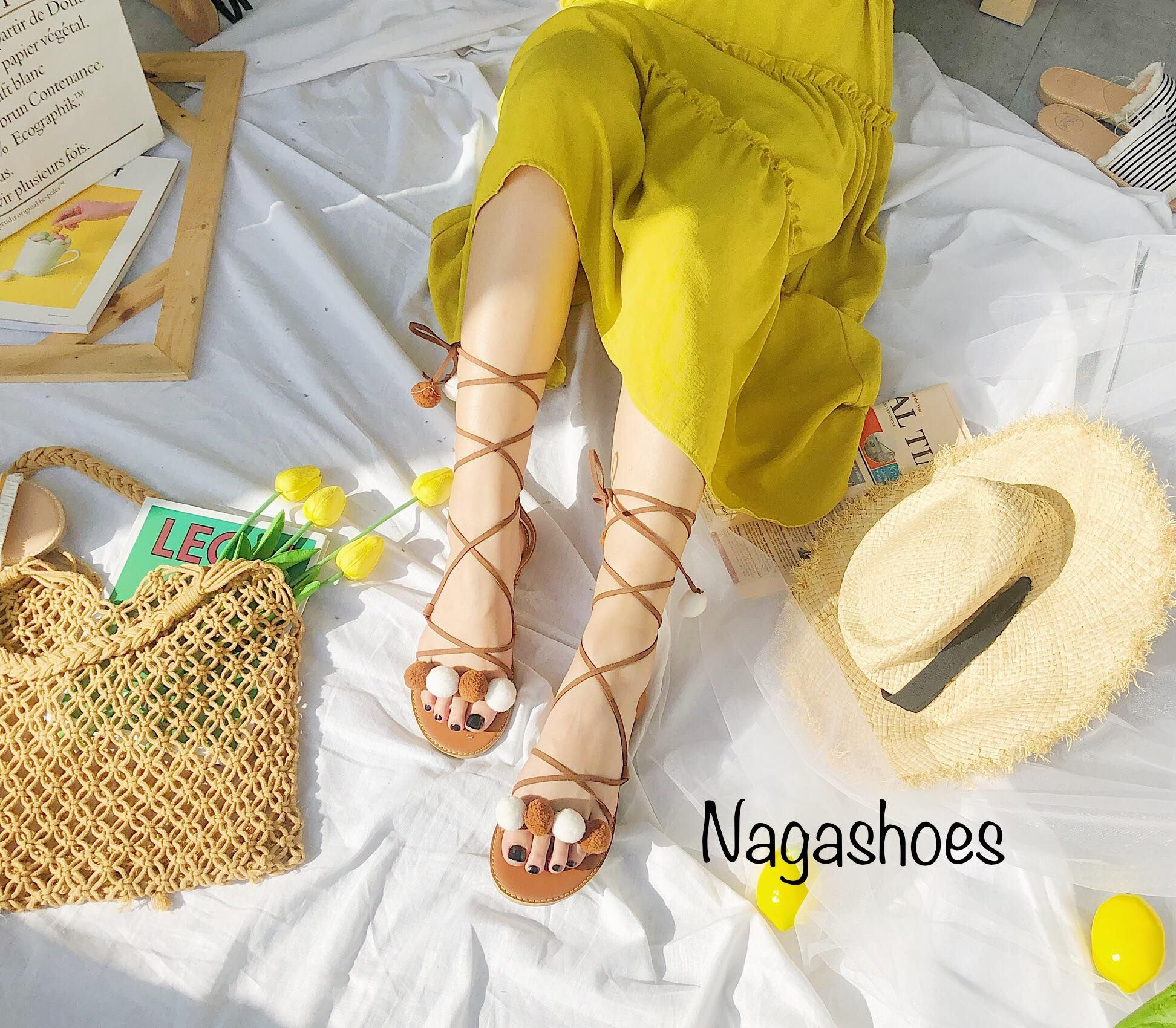 Giày Sandal Cột Dây Quai Ngang Đính Bông NAS154