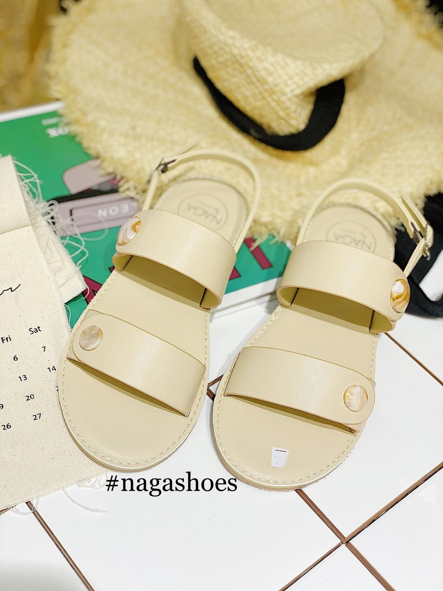 Sandal 2 Quai Ngang Đính Nút Ngọc Nas179