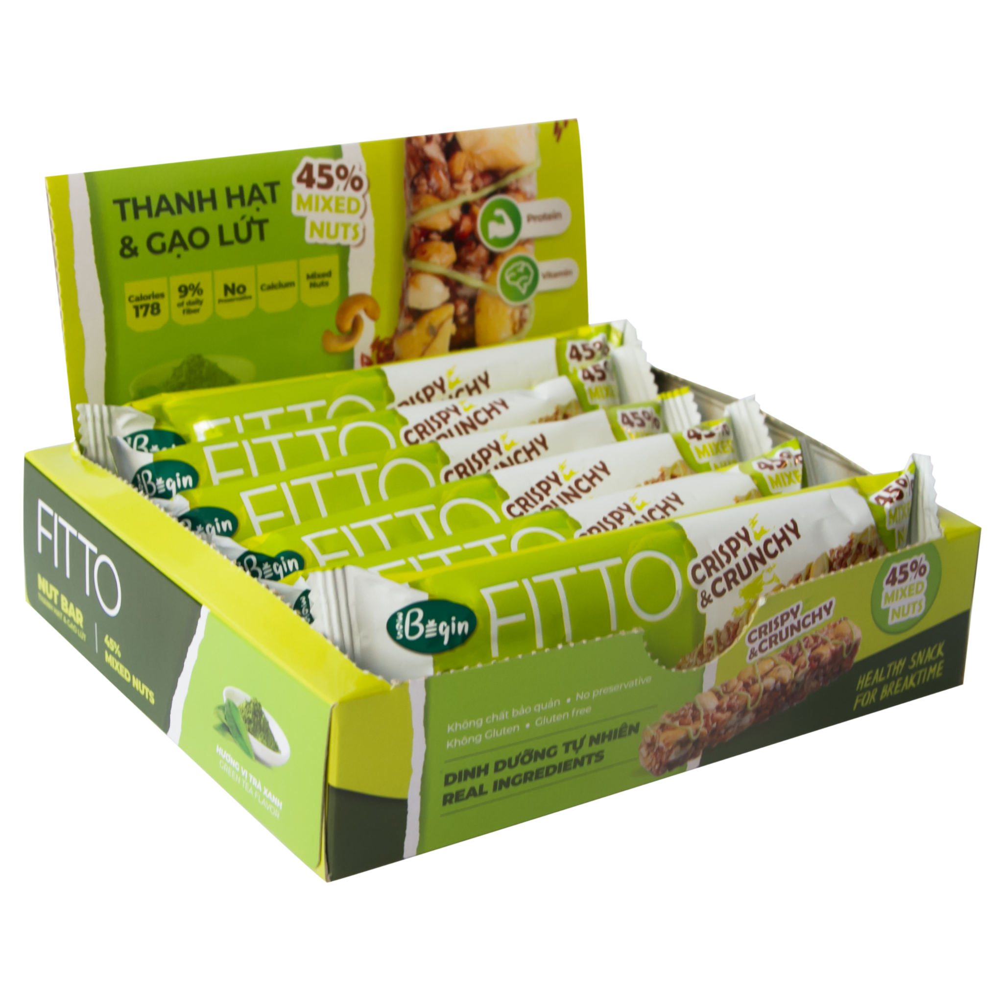 Bánh Ăn Sáng Ngũ Cốc Gạo Lứt Và Các Loại Hạt Điều Đậu Phộng Mè – FITTO Green Tea Bar 210gr (Hộp 6 thanh)