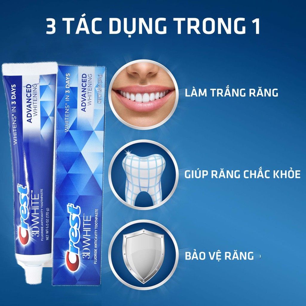  Kem Đánh Răng Trắng Răng, Loại Bỏ 100% Mảng Bám CREST 3D White Advanced Whitening 147gr 