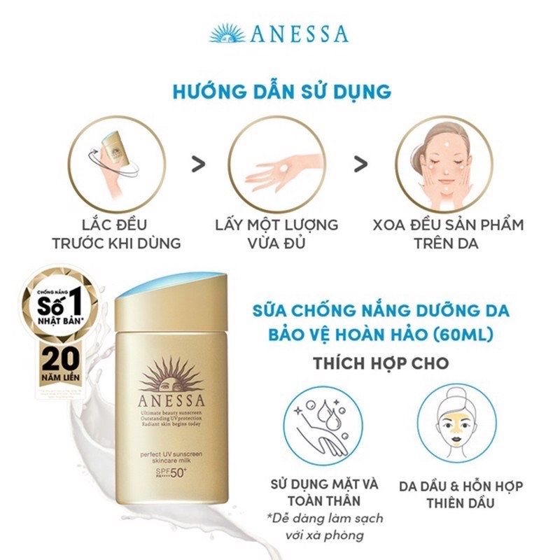  (12ml/60ml) Sữa Chống Nắng Dạng Kiềm Dầu ANESSA Vàng Gold Perfect UV Sunscreen Skincare Milk SPF50+ PA++++ 