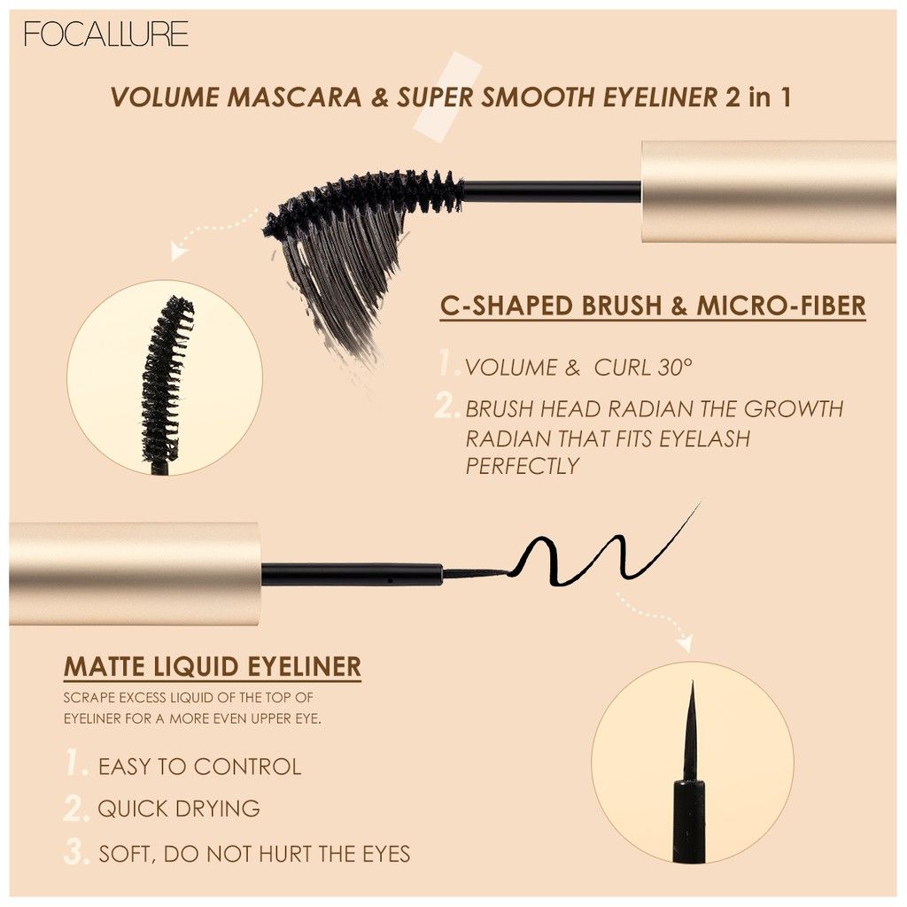  Mascara Kiêm Eyeliner 2 Đầu Tiện Lợi Không Trôi FOCALLURE Staymax Waterproof Mascara+Eyeliner 2In1 | FA-160 