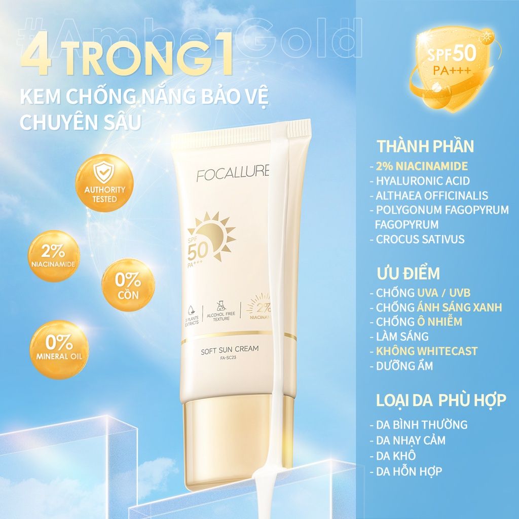  Kem Chống Nắng Dưỡng Trắng Da Ko Cồn FOCALLURE Soft Sun Cream 2% Niacinamide SPF50 PA++++ 30g | FA-SC23 