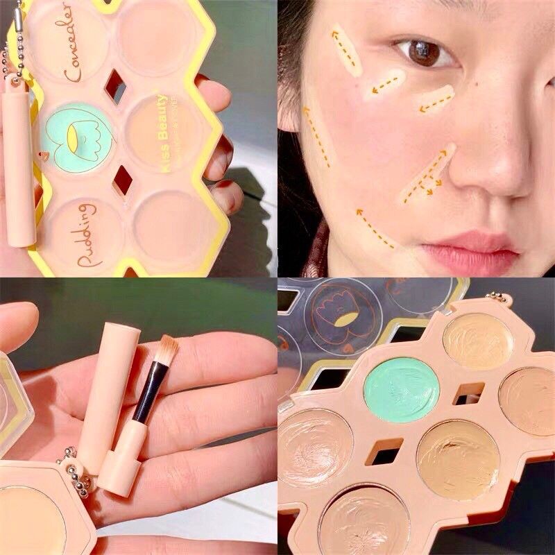 Bảng Che Khuyết Điểm 6 Màu Kiss Beauty Pudding Concealer Kèm Cọ NĐT