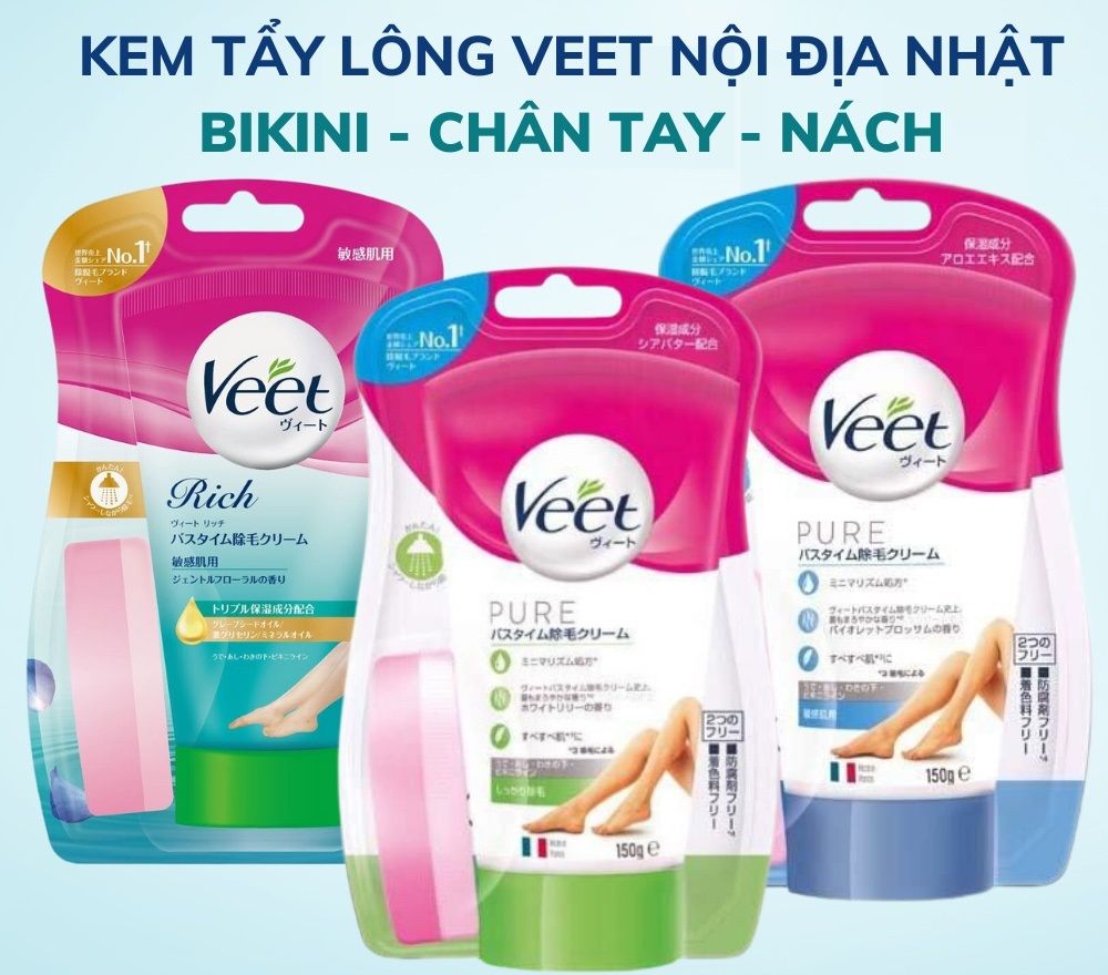  Kem Tẩy Lông Veet PURE Nhật Bản 150g (Kèm mút đầy lông) 