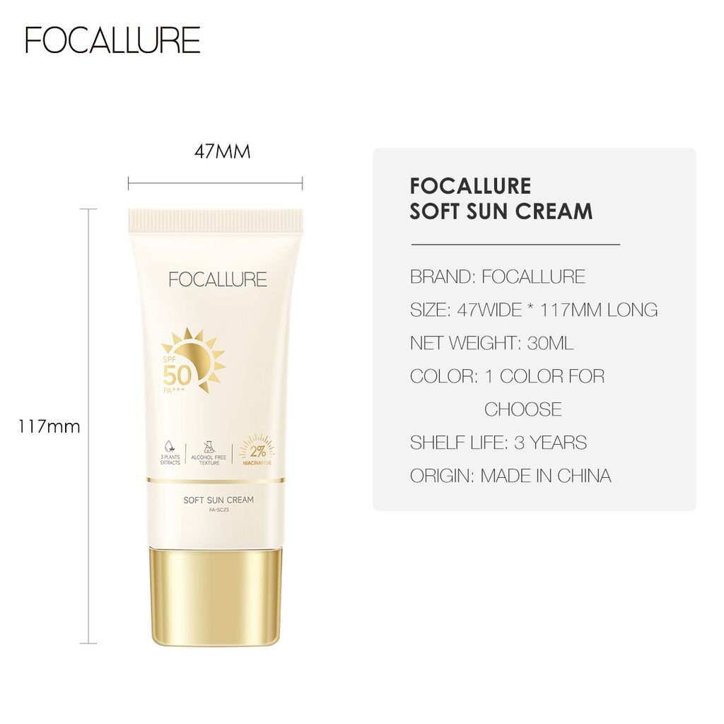  Kem Chống Nắng Dưỡng Trắng Da Ko Cồn FOCALLURE Soft Sun Cream 2% Niacinamide SPF50 PA++++ 30g | FA-SC23 