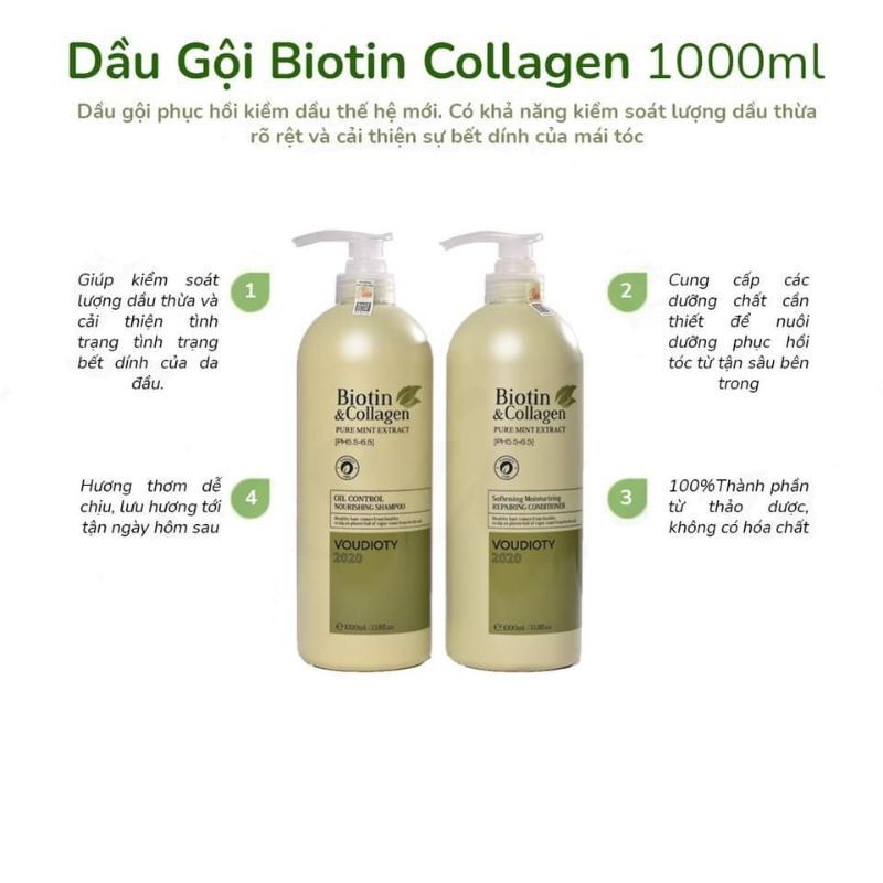  Combo Dầu Gội Xả Kiểm Soát Dầu Nhờn và Dưỡng Ẩm Biotin & Collagen Pure Mint Extract Softening Moisturizing Xanh Lá 1000ml (kèm túi giấy) 