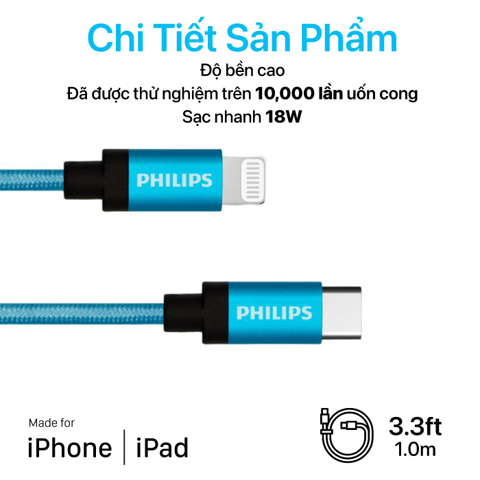 Cáp sạc Philips Type C to Lightning chuẩn MFI 1.0M DLP5545