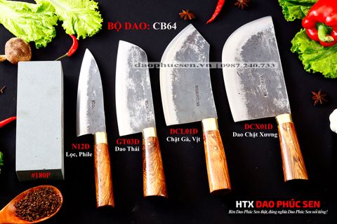 BỘ DAO BẾP CB64 cán cẩm khâu đồng + ĐÁ MÀI